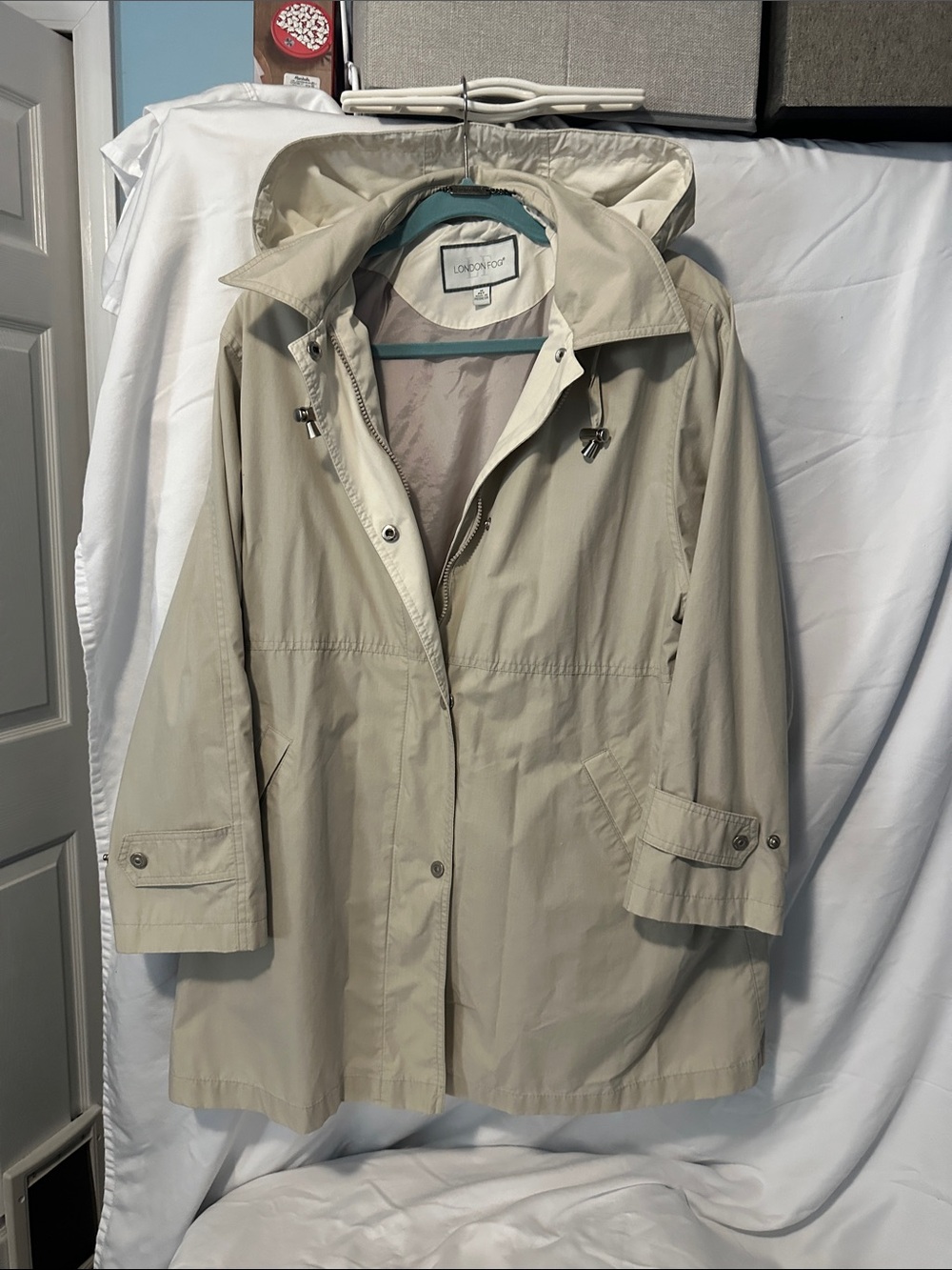 London Fog Light Beige Hooded Trench Coat